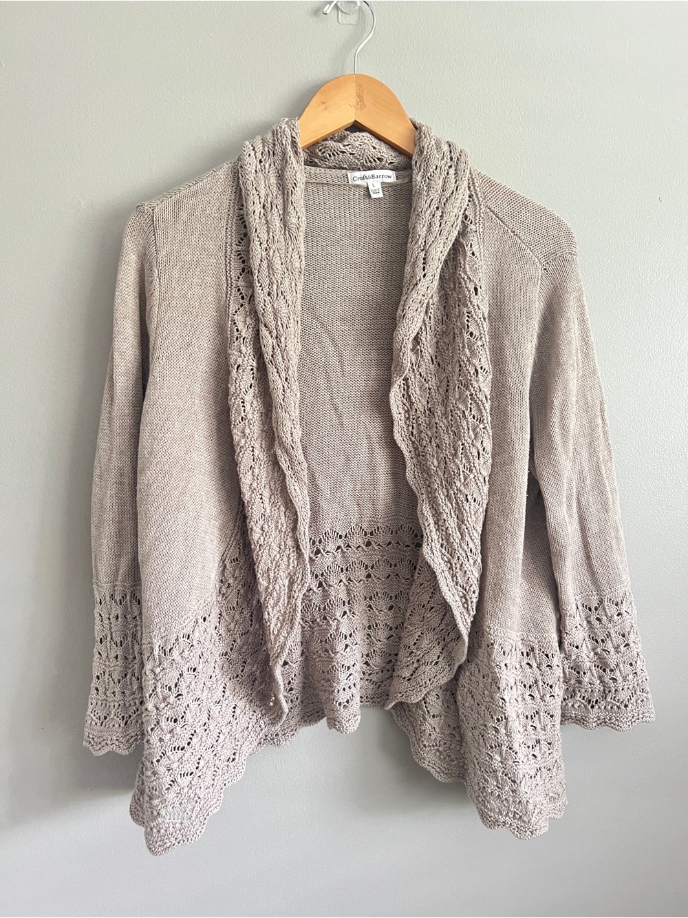 Coldwater Creek Taupe Crochet-Trim Open Cardigan